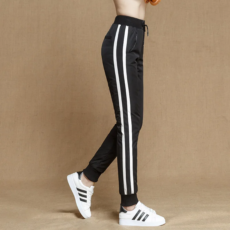 Impermeables Alta Casual Shuchan Pantalones Con De Rayas Mujer Elástica Plumón Lados Completa En Los Negro 90 Para Skinny Longitud Chándal Cintura 60UxBf6
