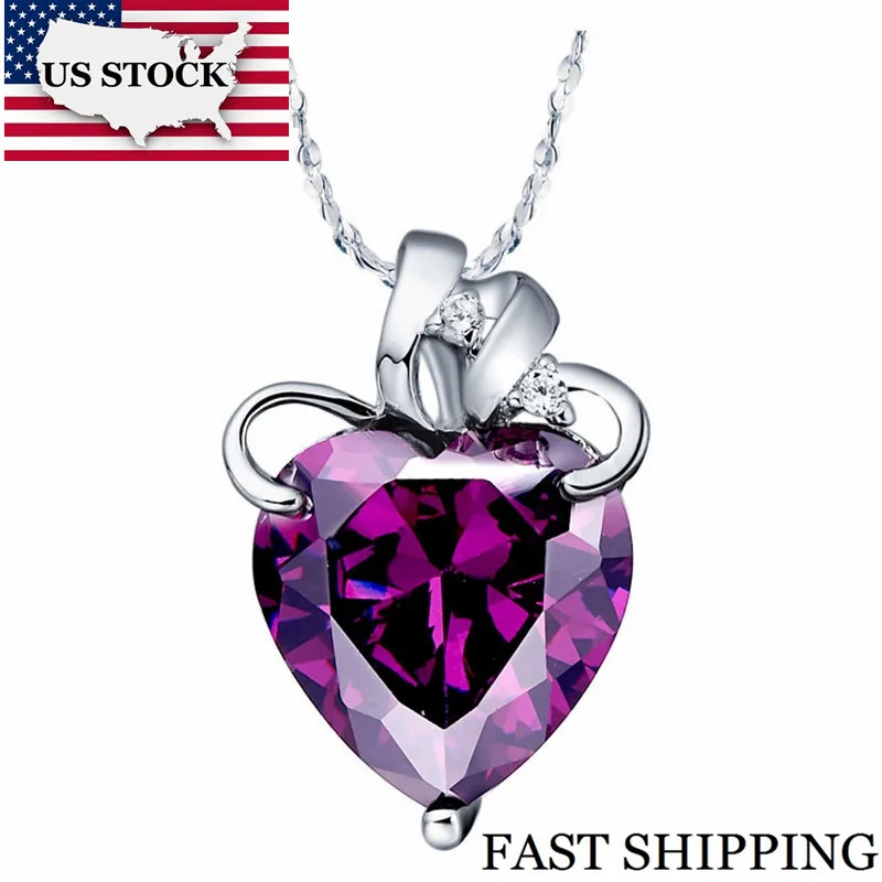 

US STOCK 5%Off Fashion Kolye Pendants Jewelry Necklace Heart Pendant Purple Blue Cubic Zirconia Crystal Suspension Uloveido N437