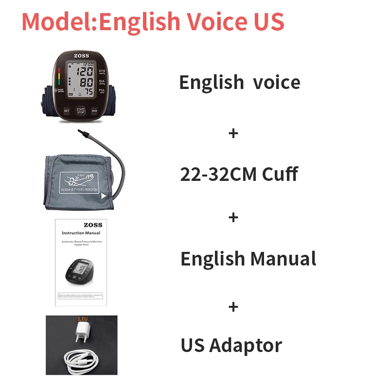 ZOSS английский или Русский Голос три цвета подсветка ЖК верхний монитор артериального давления на руку пульсометр - Цвет: English voice US