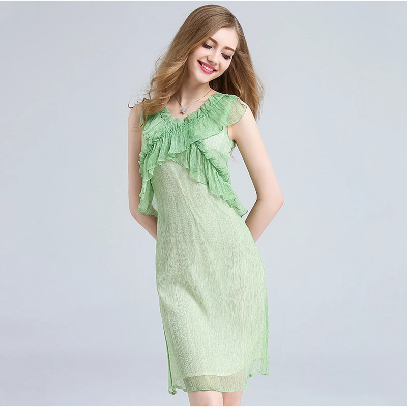 

100% Silk Dress Mint Green Ruffles Decoration Solid V Neck Sleeveless Grade Fabric Cute Style Summer New Fashion 2017