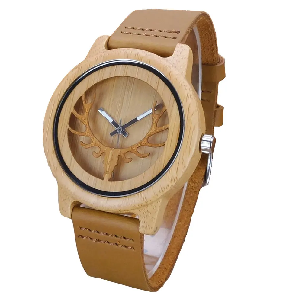 

Aismei Mens Deer Head Design Buck Bamboo Wooden Watches Luxury Wooden Bamboo Watches With Leather Quartz Watch as gift