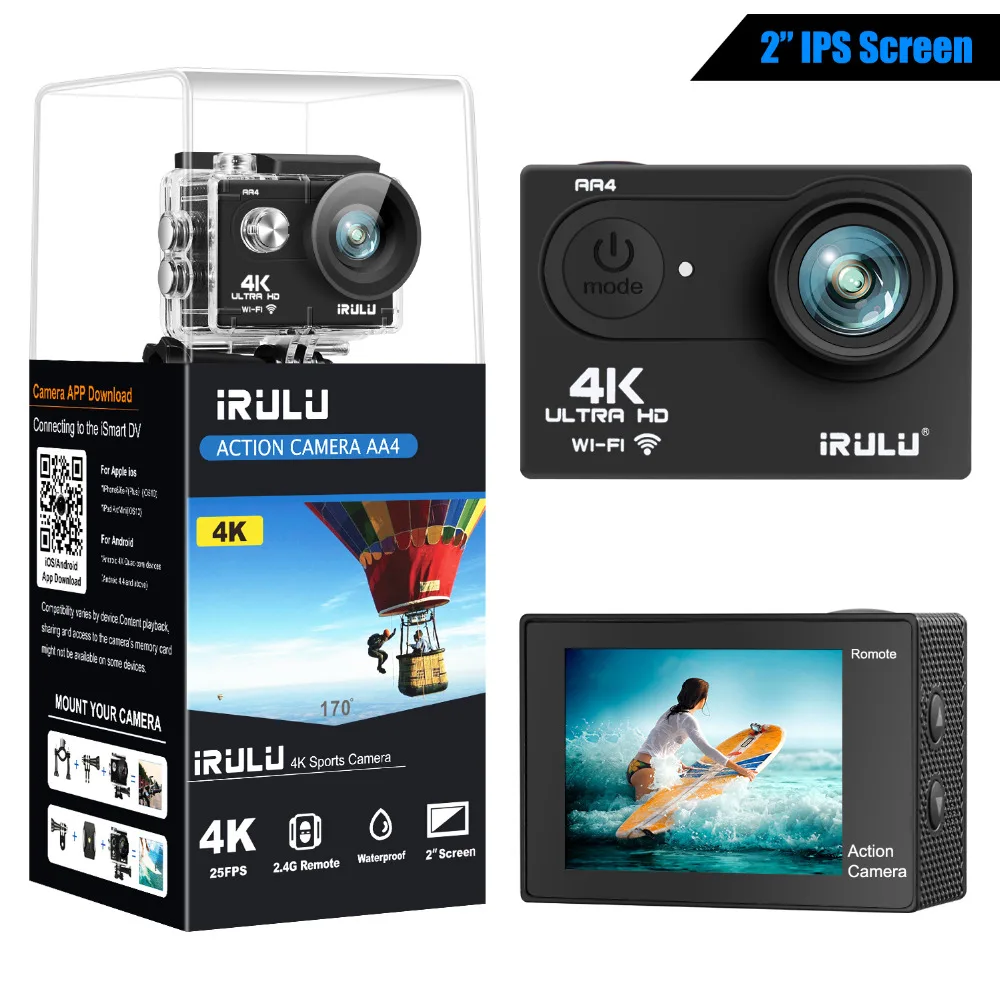 

iRULU AA4 Action Camera 4K 16MP WiFi Adjustable View Angle Sports Camera 2 Inch IPS Screen Waterproof Remote Control Red Filter