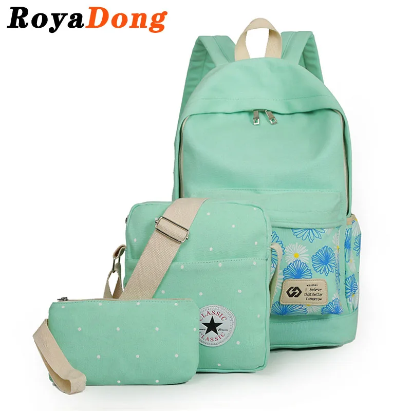 RoyaDong Flowers Printing Women Backpack Set School Bags For Teenage Girls Canvas Printing Candy Color 2017 Bag Set For 3 Pieces(China (Mainland))