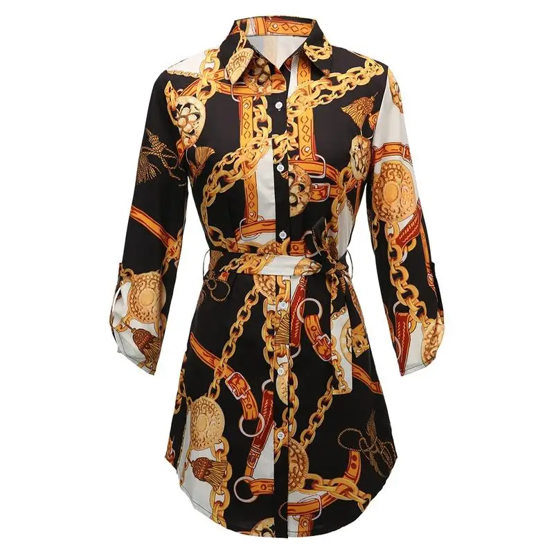 Модная женская блузка со средним рукавом и цепным принтом, платье и топы с отворотом, на шнуровке, на пуговицах, летняя рубашка, повседневные топы, короткое платье