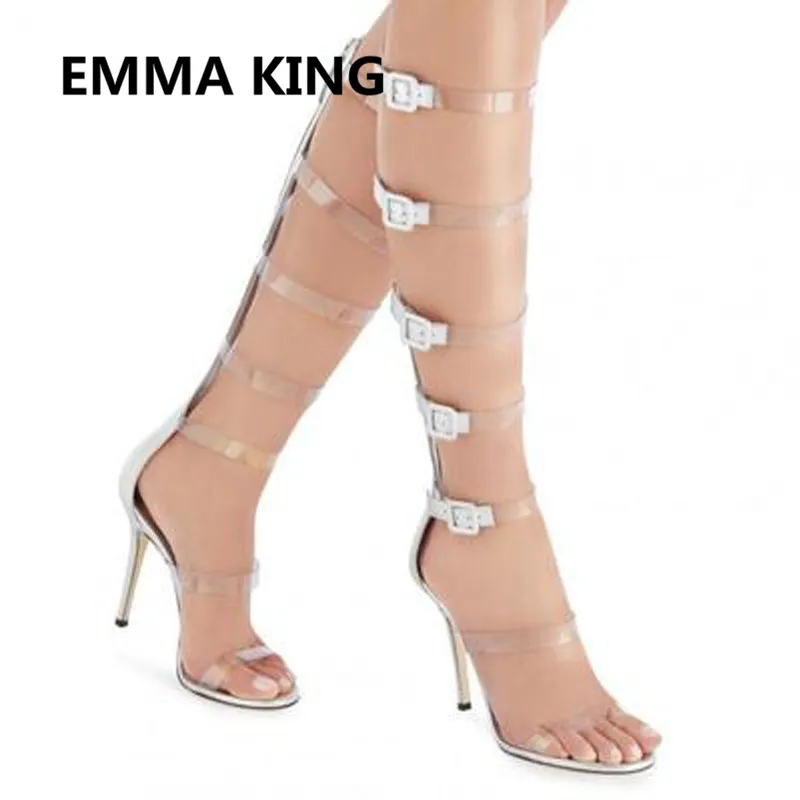 

2019 PVC Transparent Gladiator Knee High Sandals Women Open Toe Cutout Sexy High Heels Shoes Woman Buckle Strap Thin Heel Sandal
