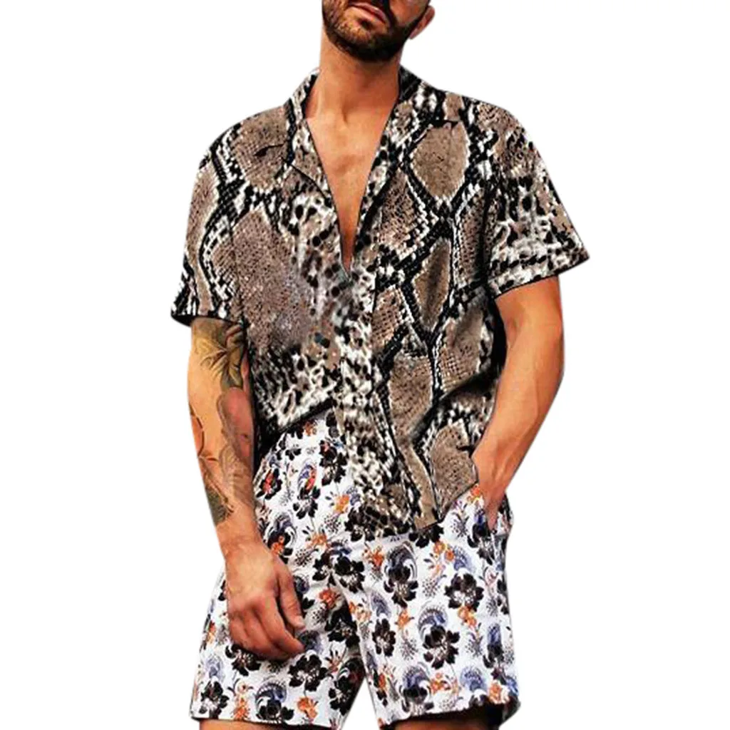 

High Quality Casual Men Summer Fashion Shirts Casual Leopard Shirts Short-Sleeve Top Blouse Travel Teenage Holiday