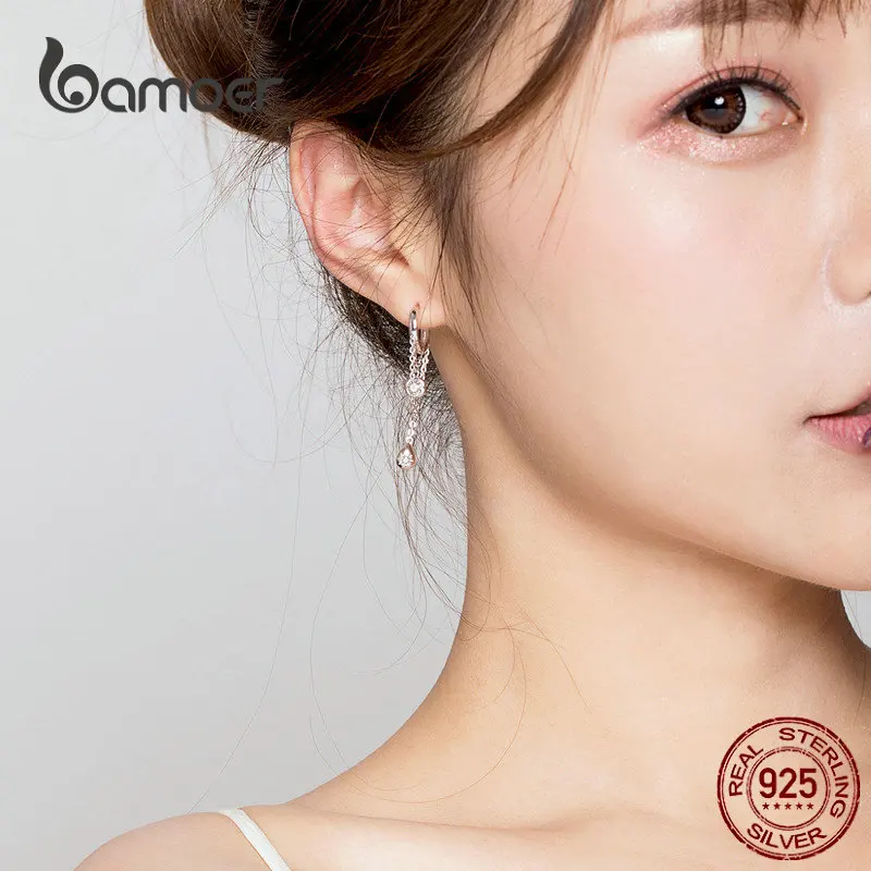 bamoer Waterdrop Round Geometric Chain Dangle Earrings for Women Sterling Silver Female Fashion Jewelry Orecchini SCE638