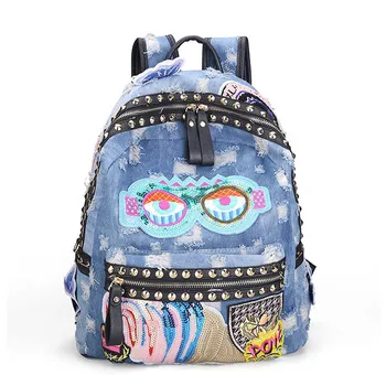 

women backpack denim backpacks for girls teenagers school bag ladies shoulder bag rivet large backpack
