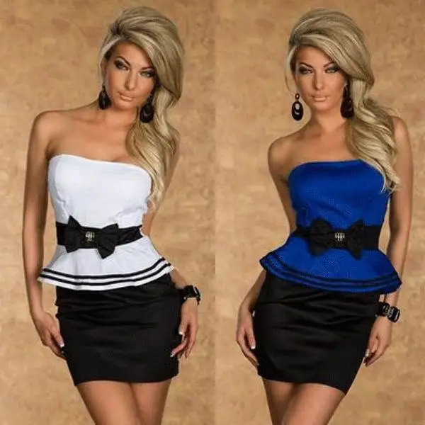 

Strapless Peplum Dress Black White Striped Peplum Office Dress Sexy Lady Clubwear Tight Dress for Women