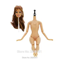 1х Высокое качество голая 12 соединенная Кукла тело 1x мода коричневый кудрявый волос голова куклы Случайные пластиковые серьги DIY