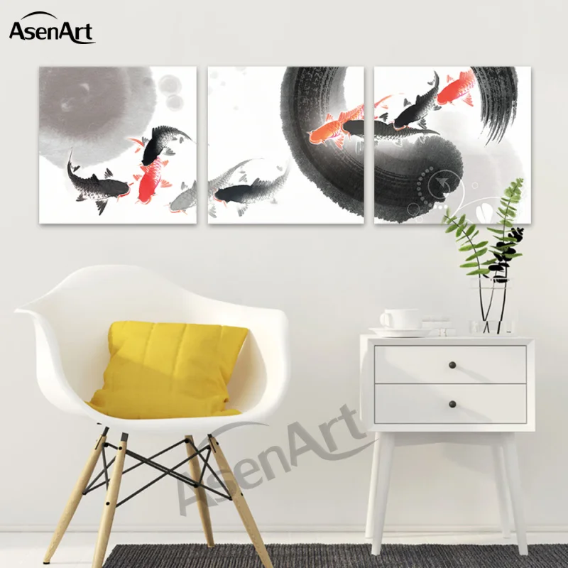 3 Pieces Set Chinese Good Luck Fish Picture Painting Printed on Canvas