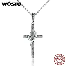 WOSTU Настоящее 925 пробы серебряный крест скручивающийся с сердцем прозрачный кубический циркон кулон и ожерелье S925 Роскошные ювелирные изделия CQN104