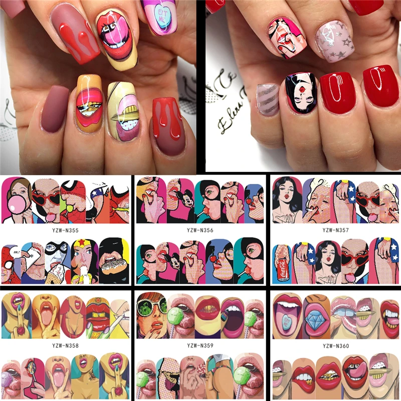 

6 Designs in 1 Nail Sets Fashion Sticker Full Cover Lips Cute Printing Water Transfer Tips Nail Art Decorations 2019 New