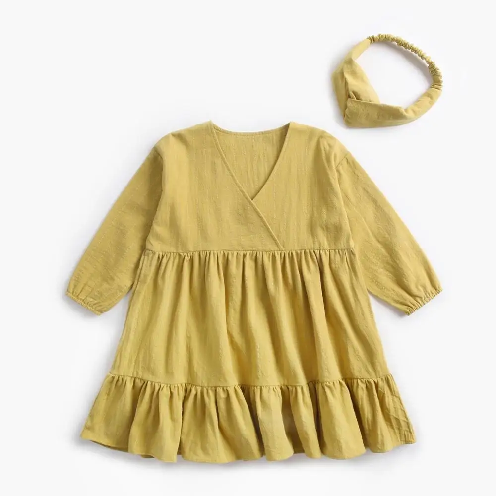Летнее милое платье для маленьких девочек платье с длинными рукавами и рюшами для девочек+ повязка на голову, хлопковые повседневные милые платья, LZ155