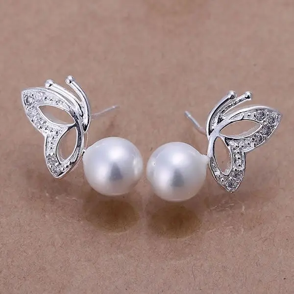 

925 Jewelry Silver Plated Wholesale Free Shipping Earrings for women&men Pearl Butterfly White Earrings /abmaista LQ-E017-2