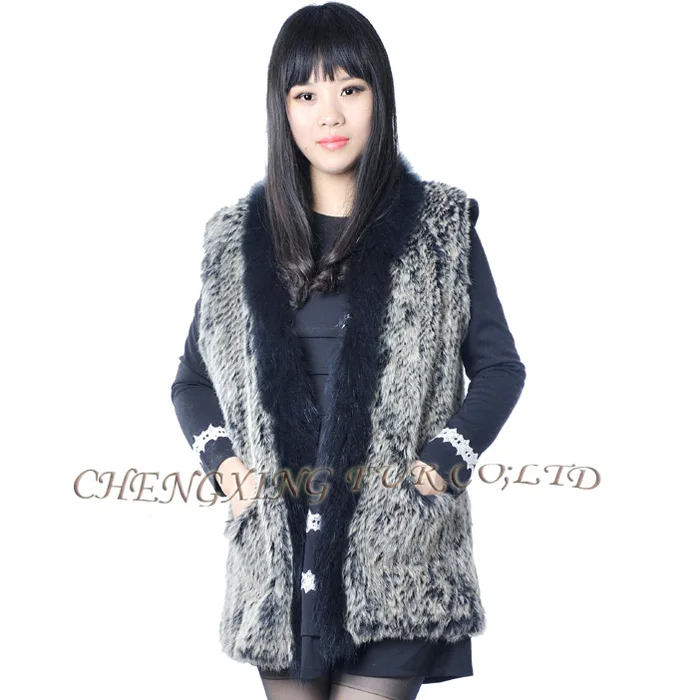 

CX-G-B-132A 2017 New Design Knitted Rabbit Women Fur Vest With Fox Fur Collar