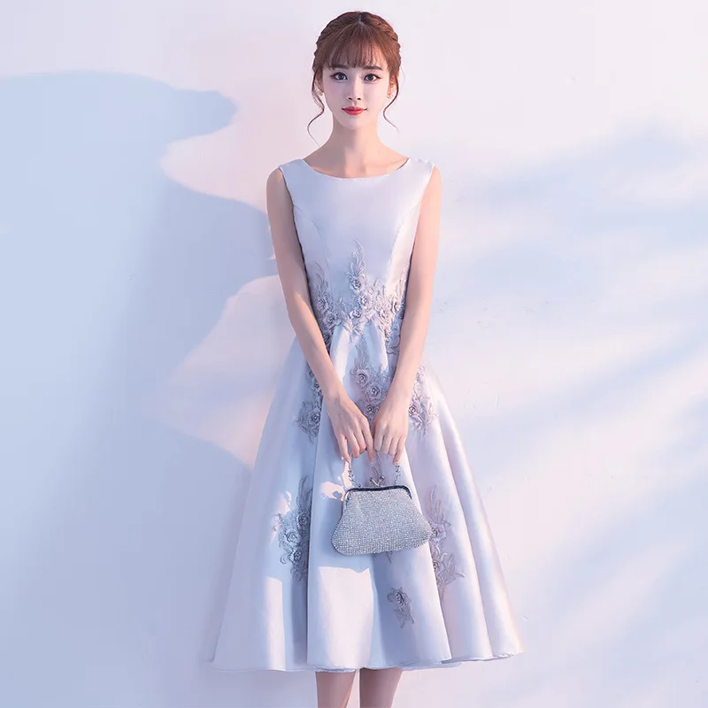 

Evening Dress 2019 New Party Banquet Dresses O-neck Appliques Flower a Line Tea Length Prom Dress Robe De Soiree Haute Couture