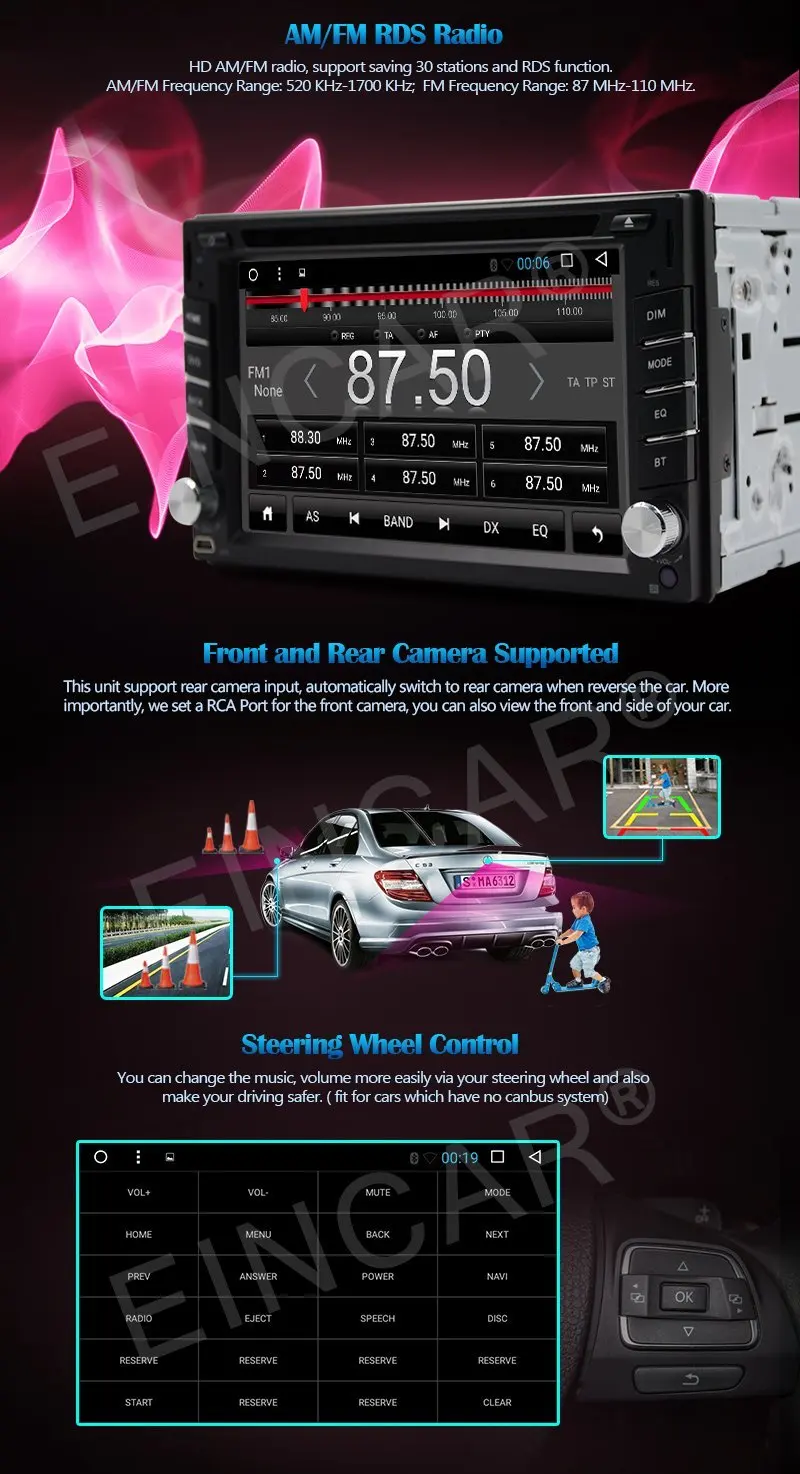Discount Eincar Android6.0 Car dvd Stereo Reverse Camera 2din GPS Navigator 4-core Autoradio Headunit DVD 1080P Video Player  Wifi USB/SD 4