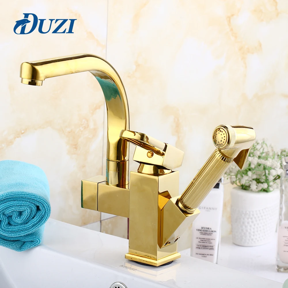DUZI Pull Out Kitchen Sink Faucets Golden Finish Swivel Spout Vessel