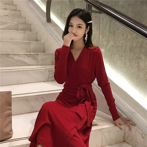 

French Style Women Dress V-neck Knee-length Black Vestidos Slim Waist A-line Womens Dresses Knitted Spring And Summer Brief
