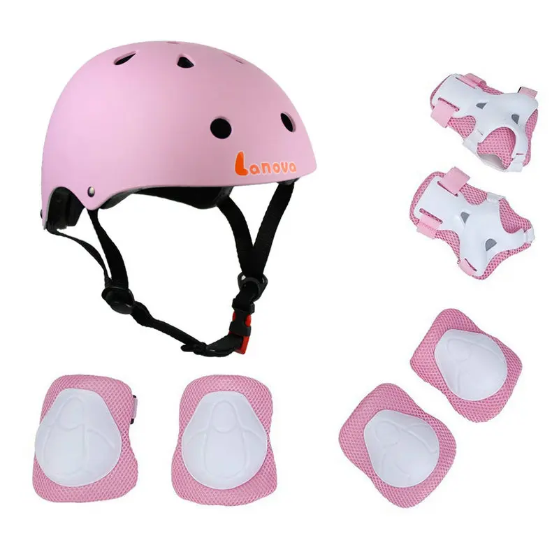 LANOVA протектор 7 шт./компл. Велоспорт катание скейтборд шлем Локоть Колено запястье колодки детский велосипед велосипедный роликовый защитный механизм - Цвет: Pink set