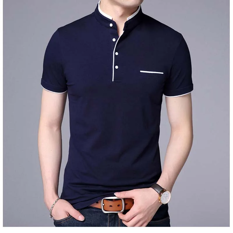 Новое поступление, Мужская брендовая рубашка поло с коротким рукавом, Повседневная приталенная однотонная мужская рубашка поло, мужская летняя одежда, M-4XL - Цвет: Тёмно-синий