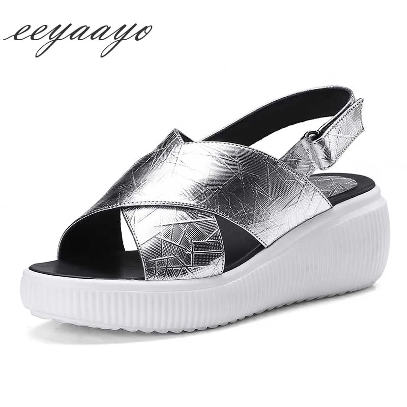 

2019 New Summer Genuine Leather Women Sandals High Wedge Heel Buckle Casual Cow Leather Women Platform Shoes Silver Sandals