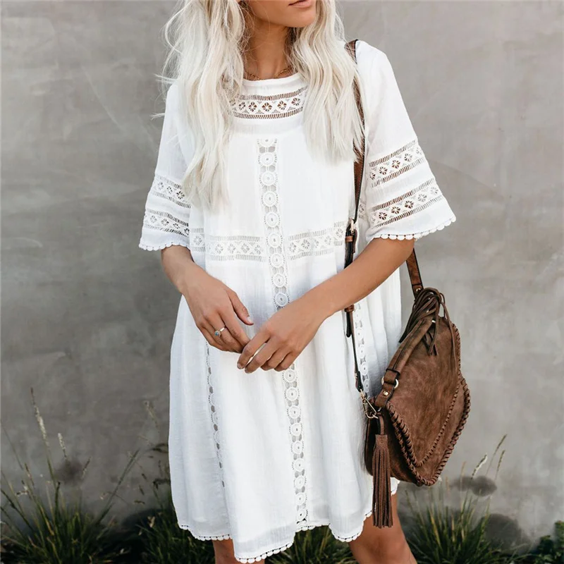 

2019 Bohemian Lace Pactchwork Half Sleeve Loose Summer Beach Dress Plus Size Women Beachwear White Cotton Tunic Short Dress N907