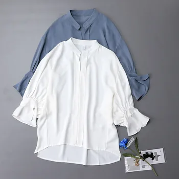 

2019 Women Spring And Summer V-Neck Chiffon Shirt Lantern Sleeve Blouse Cotton Female All-Match Office Lady Shirts