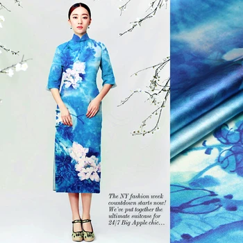 

White hibiscus!118*110cm 19mm 93% silk & 7% spandex blue silk satin fabric for choengsam dress shirt clothes