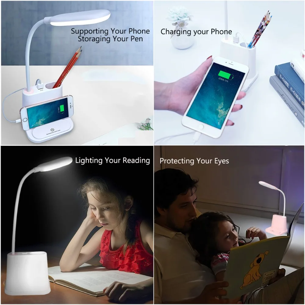 

LED Book Light Reading Lamp Flexible Portable Desk Night Light with Charger Phone Holder,White