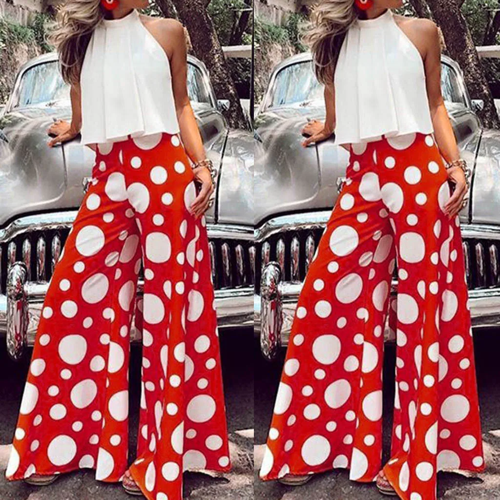 

Female Summer Wave Point Casual Broad-Legged Jumpsuit Fashion Women's loose Sleeveless sexy dot jumpsuit vestido verano mujer