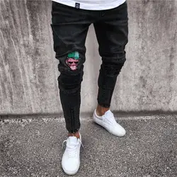 Новинка 2018 г. мужская отверстие вышитые узкие джинсы мужские черные узкие джинсы Штаны