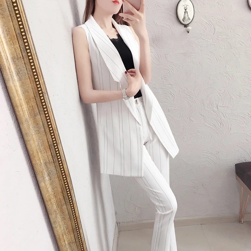 Sleeveless 2 Piece Set Women Striped Women Two Piece Outfits Ol Woman Suits Lady Suit Office Top&pants Set Conjunto Feminino Sleeveless 2 Piece Set Women Striped Women Two Piece Outfits Ol Woman Suits Lady Suit Office Top&pants Set Conjunto Feminino