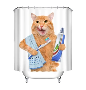 

Cute Cat Holding a Toothbrush Printed Shower Curtain Waterproof Polyester Bathroom Shower Curtain Bathing for Home Decor SC007