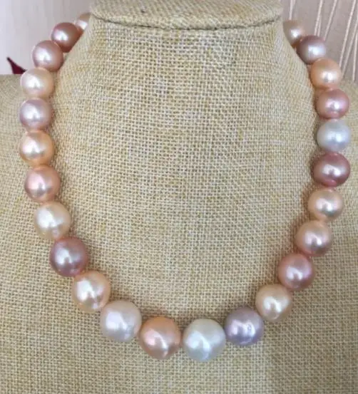 

classic huge 14-16MM freshwater multicolor baroque pearl necklace 18inch925silver