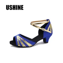 Синий Атлас на низком каблуке Костюмы для бальных танцев Salsa Туфли для латинских танцев Для женщин Обувь для девочек WZJ