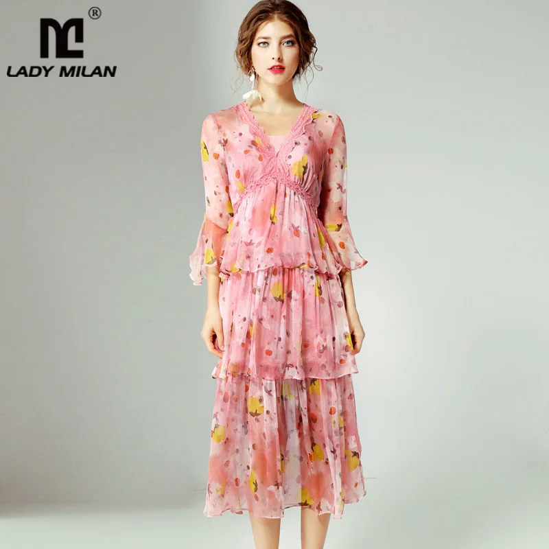 

Women's 100% Silk Dresses Sexy V Neck 3/4 Sleeves Tiered Ruffles Floral Printed Natural Silk Summer Dresses