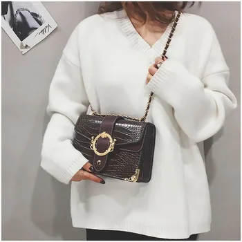 

Small Flap PU Leather Messenger Bag Women Lady Faux Crocodile Pattern Print Handbag Single Shoulder Chain Bags for women 2019
