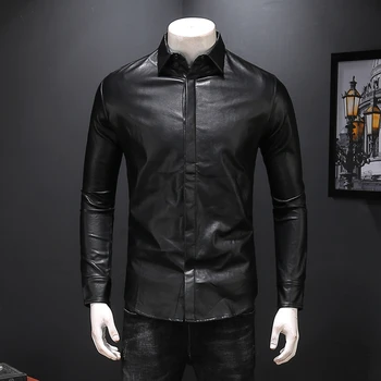 

2018 new trendy men's solid color casual leather shirt Korean version of the slim black thin PU leather shirt