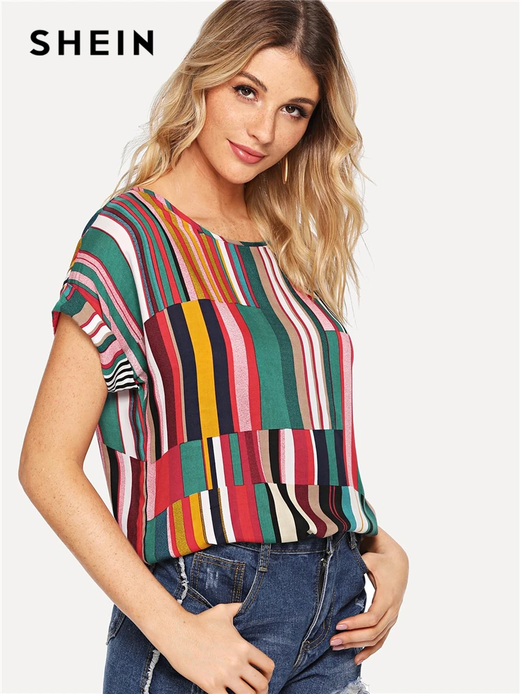 SHEIN Multicolor Mix Striped Print Rolled Up Tee Casual Scoop Neck Colorblock T-Shirt Women Summer Short Sleeve Tops SHEIN Multicolor Mix Striped Print Rolled Up Tee Casual Scoop Neck Colorblock T-Shirt Women Summer Short Sleeve Tops