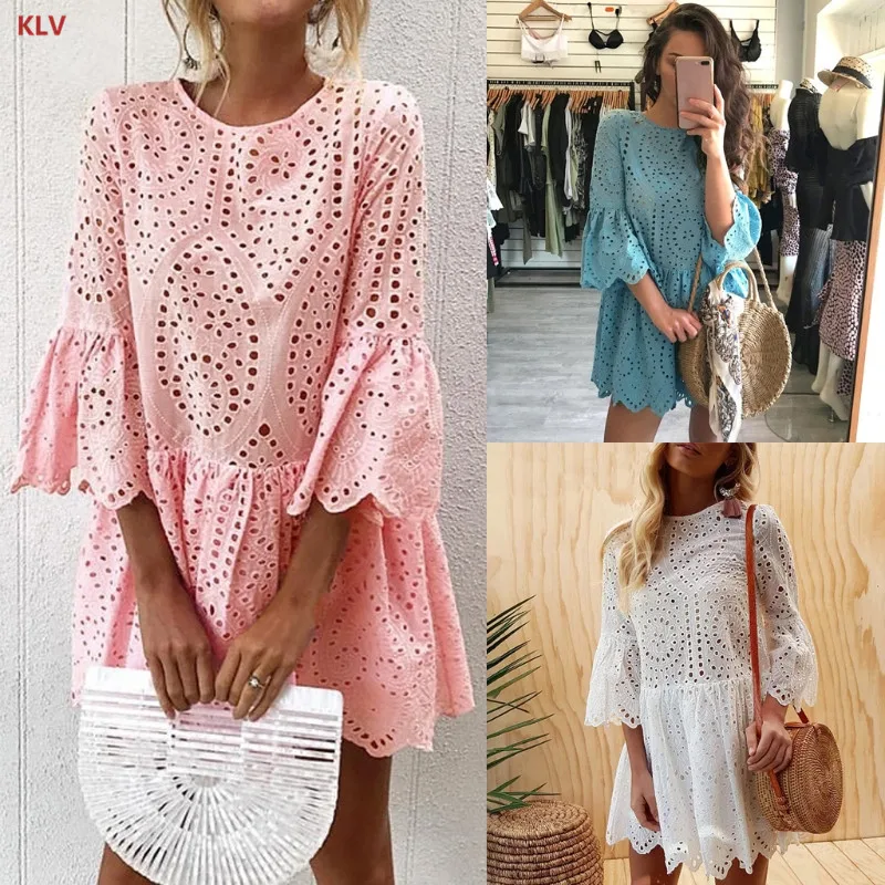 

KLV Women's Elegant Lace Half Flare Sleeves High Waist Hollow Out Mini Dress A Line