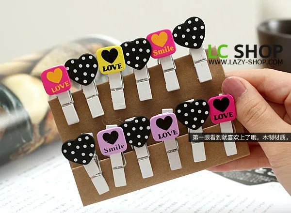 12 pcs/pack Best Promotion Cute Heart Dots Wood Clip Mini Craft Pegs Cloth Photo Hanging Spring Clips pinch | Канцтовары для офиса