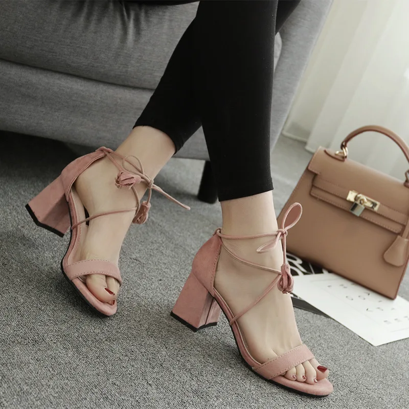 

Sweet Brand Women Shoes Woman Sandals Ankle Strap Flock Lace-Up Solid Cover Heel Square Heel Ankle Strap Concise Leisure A805A