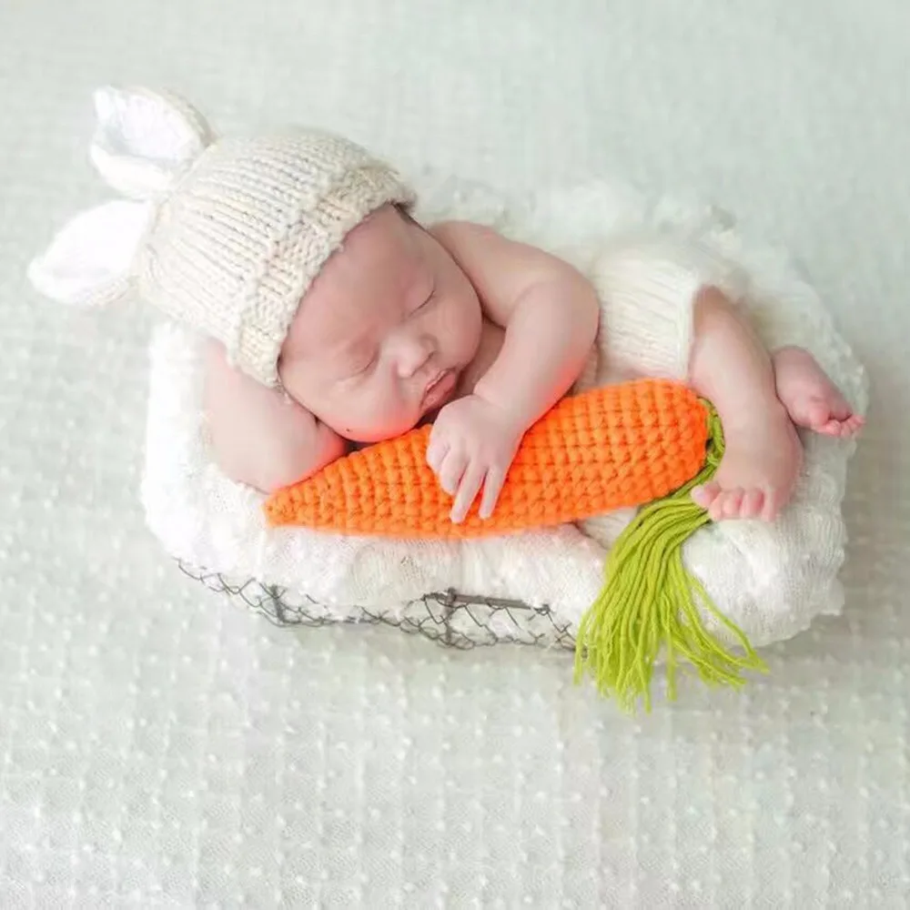 Puseky новорожденных Подставки для фотографий прекрасный костюм кролика ушами+ Брюки для девочек+ Морковь ручной работы из хлопка Пряжа фотостудия Костюмы
