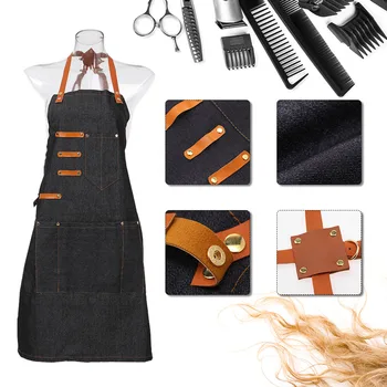 

Hair Dresser Apron with 5 Pockets Hairdressing Salon Apron Hair Cloth Cutting Dyeing Apron for Barber Shop Black Jean Barber