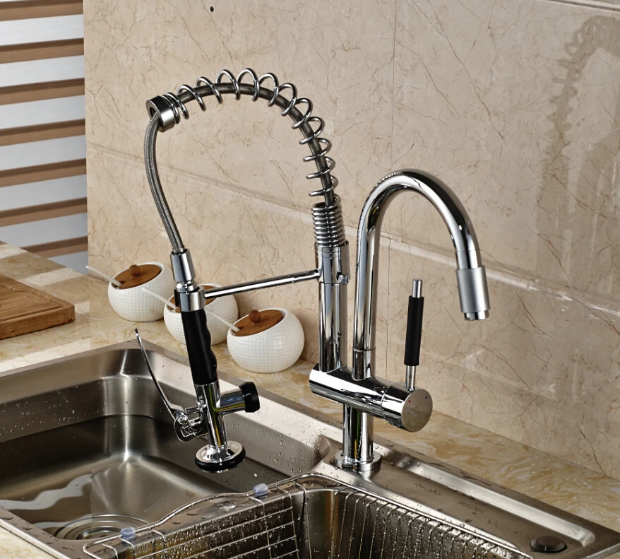 Luxury Chrome Brass Kitchen Faucet Dual Sprayer Vessel Sink Mixer Tap Deck Mounted Spring Faucet