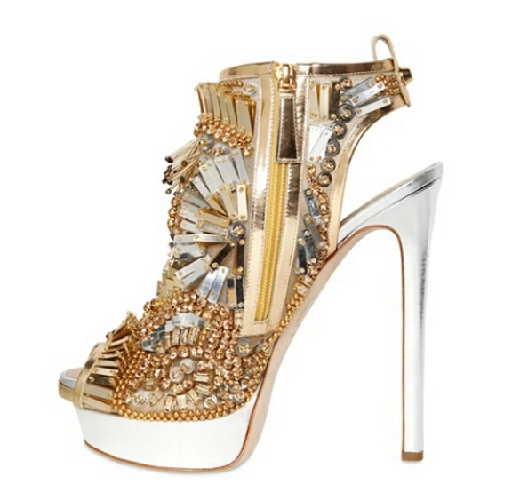 Swarovski crystal bead women sandals peep toe high heel platform