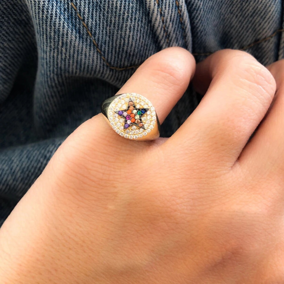 

2019 us size 6# gold filled fashion trendy round rings micro pave colorful star cz engagement band women fashion charm jewelry