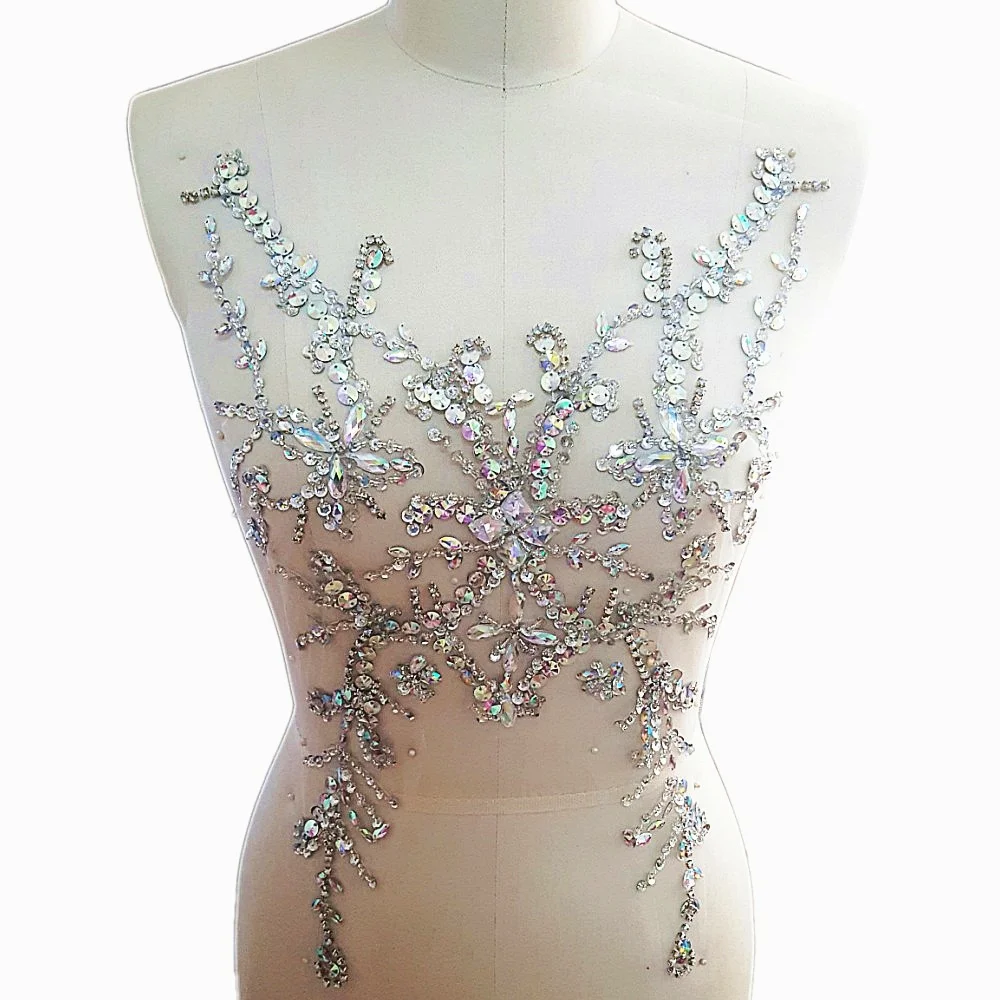 

Exquisite Hand Embroidery Sequin Sew on Rhinestones Applique Manual Collar Costume Fine Motif Wedding Dress Trimming 28x49cm